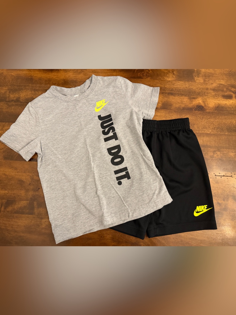 Nike Gray Tee and Black Shorts Set with Yellow Logo